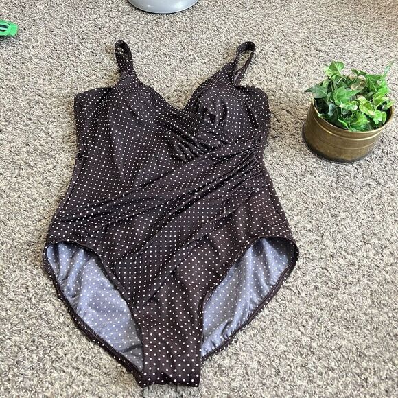 Miraclesuit Pin Point Oceanus One Piece Swimsuit Plus Size 18 Brown V Neck - Picture 6 of 6